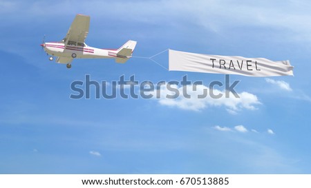 Small propeller airplane towing banner with TRAVEL caption in the sky. 3D rendering