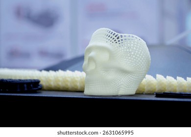 Small prototype of human skull 3D printed from molten white plastic on surface close-up. Three-dimensional model. Modern new printing manufacturing industry. Additive progressive medical technology.
