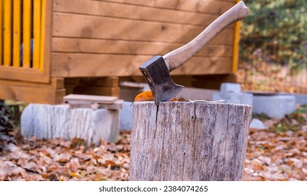A small, rather heavy ax stuck in a stump for chopping wood. There are many fallen leaves lying around.A stump, a steel ax stuck in it, against the background of a small wooden house (a woodshed!?) .