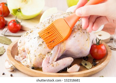 Small Raw Chicken Stuffed With Green Apples Smear Brush Sauce