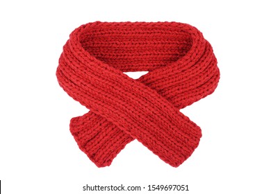 Small red knitted scarf isolated on a white background. Handmade woolen neckwear. Closeup. Copy space - Shutterstock ID 1549697051