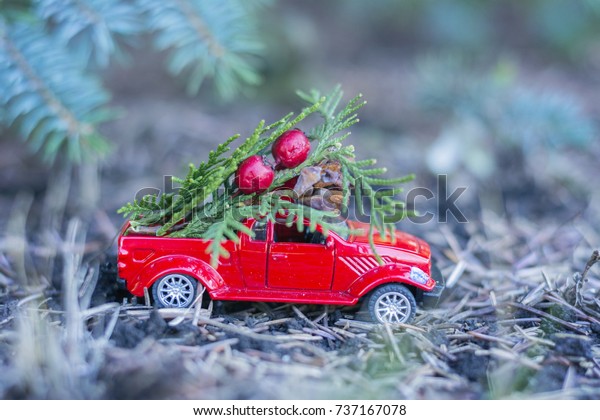 Small\
red toy car with christmass tree and red\
berries