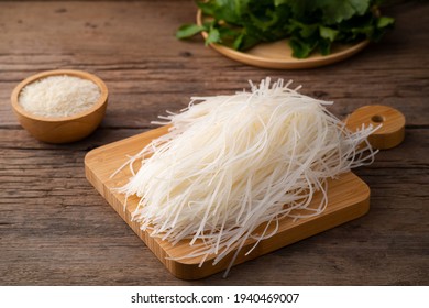 Small Rice Noodle On Wood Board,Uncooked