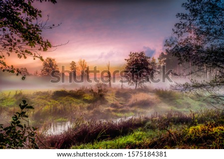 Similar – Morgens nebliger Fluss. Sommer nebliger Sonnenaufgang