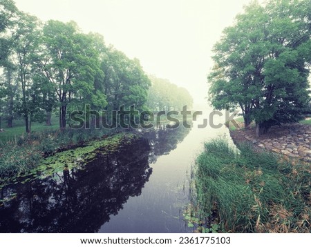 Small river in a forest town park in a fog. Mistry surreal calm mood. Relaxing atmosphere and melancholic nature vibe. Nobody. Imagine de stoc © 