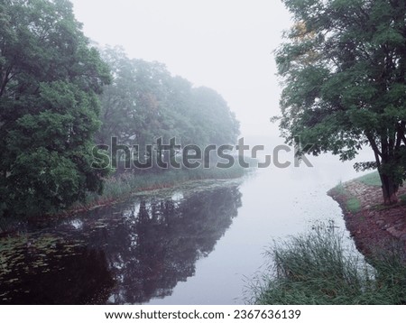 Small river in a forest town park in a fog. Mistry surreal calm mood. Relaxing atmosphere and melancholic nature vibe. Nobody. Imagine de stoc © 