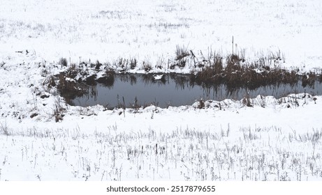 Small river stream going through snow winter horizontal white