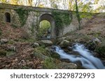 A small river whose flow runs under a stone bridge between granite stones, inside a forest. Water stream. Silk water.