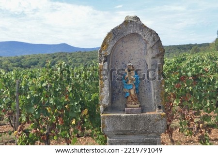 small roadside chapel with madonna and child statue next to vineyard in Alsace, France