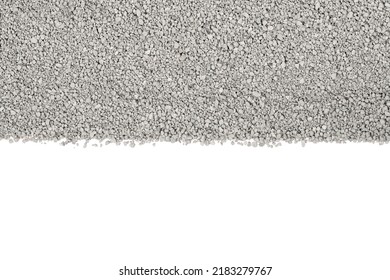 Small Rocks Ground Texture Isolated White Background. Road Stone. Gravel Pebbles Stone Texture. Dark Crushed Granite. Close Up. Grey Clumping Clay. Cat Litter