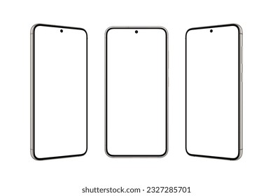 Small rounded phone with a small built-in camera in the display. Isolated screen and background for mockup, app presentation. Front, left and right position