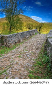 Small rustic bridge made of old stones in the village of Lapeyre in Aveyron in France
