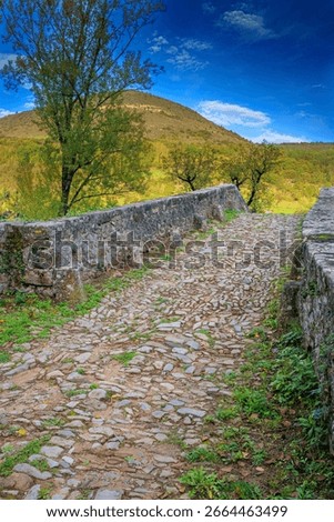 Small rustic bridge made of old stones in the village of Lapeyre in Aveyron in France
