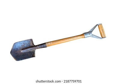 Small rusty shovel .infantry small shovel isolated on white background .small shovel for tourism and earthworks on a white background