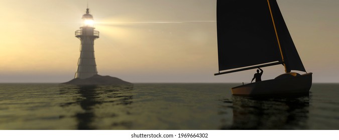 Small Sail Boat In The Sea With A Large Lighthouse In The Back Ground 3d Render