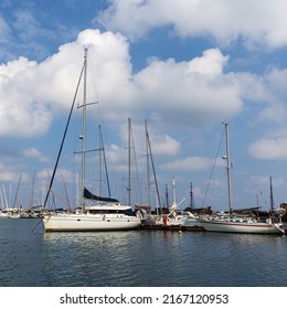 Small Sailing Boats Are Parked At The Pier In A Quiet Lagoon In A Small Greek Town Rethymnon