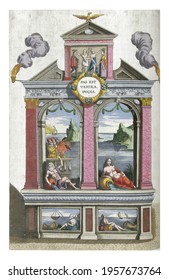 Small scaffolding with river god and river goddess, December 1599, vintage engraving.