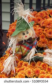 A Small Scarecrow Decorates A Pot Of Mums Outside In Autumn.