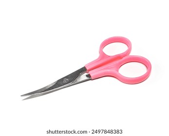 Small scissors with curved and pointed tips on a white background. Pink scrapbooking scissors with Stainless Steel blades. Small bent embroidery thread scissors for handicrafts. - Powered by Shutterstock