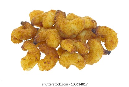 A Small Serving Of Cooked Popcorn Shrimp On A White Background.