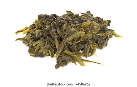 A Small Serving Of Cooked Seasoned Mustard Greens On A White Background.