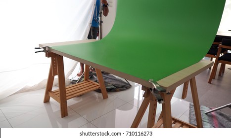 Small Set Of Green Screen Background In Studio For Shooting Video Commercial.