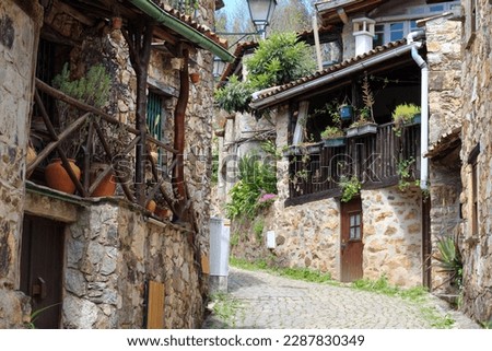 Small shale village in Portugal.  In the beginning of spring, many flowers decorate the houses in the village.