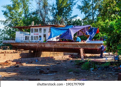 Small Ship Repair Dock, Wooden Boat Overhaul,  Hoi An, Vietnam, June 24, 2019.