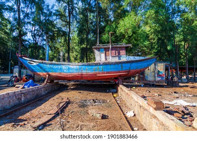 Small Ship Repair Dock, Wooden Boat Overhaul,  Hoi An, Vietnam, June 24, 2019.