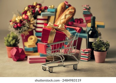 a small shopping cart, its sole occupant being a bright red gift box - Powered by Shutterstock