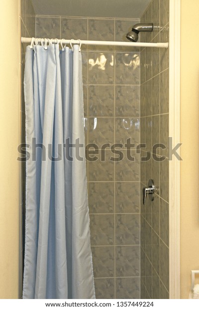 Small Shower Cabin Blue Curtains Interiors Stock Image