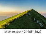 A small silhouette of a man in red walking along a mountain path on the slope of a huge mountain on a summer evening. The serene view of the green mountain against the sky is truly breathtaking