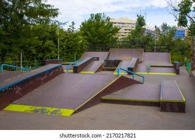 A Small Skate Park In The City. Sports Near The House. Ramp For Extreme Athletes