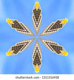 Small Sliver Star Made With Real Estate Photo. Geometric Kaleidoscope Pattern On Mirrored Axis Of Symmetry Reflection. Colorful Shapes As A Wallpaper For Advertising Background Or Backdrop.