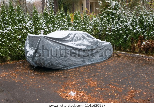 A small snowman at number one stands on the\
hood of a car covered with\
awning
