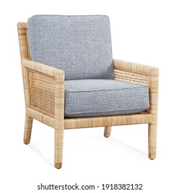Small Space Living Room Wicker Accent Chair Isolated on White. Modern Upholstered Polyester Blue Cushion Back and Set and Toss Pillows Rattan Arm Chair. Wooden Armchair. Interior Furniture