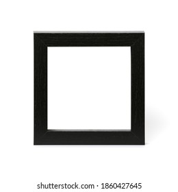 Small Square Wooden Black Picture Frame Isolated On White Background. Blank Image Area Masked With Clipping Path