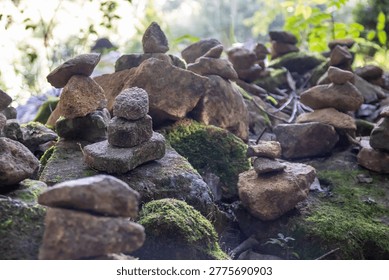 A small stack of balanced stones sits on a moss-covered rock in a shaded forest setting, with blurred trees and rocks in the background.