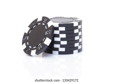 Small Stack Of Black Poker Chips, Closeup On White Background