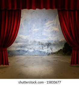 Small Stage With Red Velvet Theater Curtains