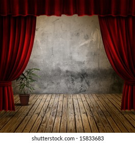 Small Stage With Red Velvet Theater Curtains