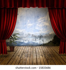 Small Stage With Red Velvet Theater Curtains