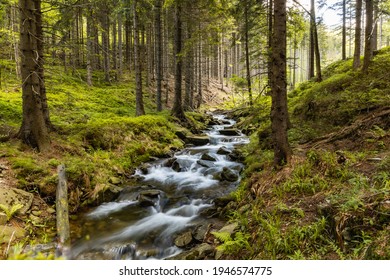 Small Stony Waterfall Next To Mountain Trail In Giant Mountains