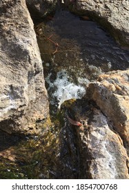 Small stream between two rocks in sunshine.