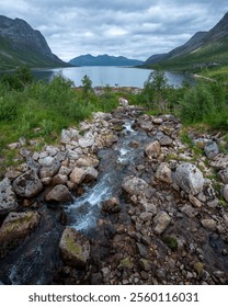 A small stream flows through grassy land beside large mountain ranges.