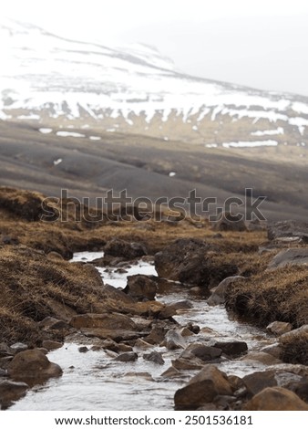 A small stream meandering through a rugged mountainous terrain with patches of snow, creating a picturesque scene that showcases the raw and unfiltered beauty of nature.