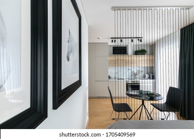 Small Studio Apartment Interior With Kitchen Area And Rope Screen