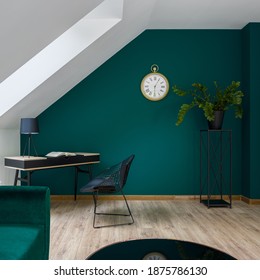 Small And Stylish Attic Room With Amazing Emerald Green Wall, Golden Clock And Simple Home Office Area