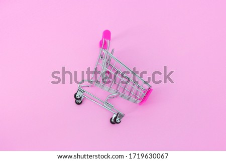 Small supermarket grocery push cart for shopping trendy modern fashion background. Sale buy mall market shop consumer concept. Copy space. Concept Online shopping