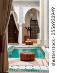 Small swimming pool at the patio of a luxury riad in the medina of Marrakesh, Morocco